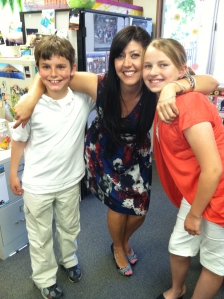 Open House at our school.  Miss G with Sophia & Isaac D-H